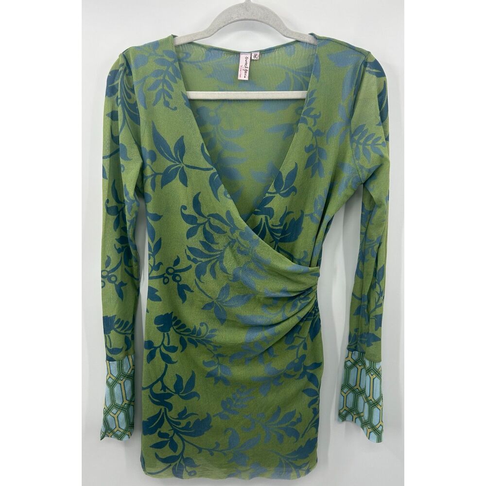 Vintage Y2K Sweet Pea By Stacy Frati Mesh Wrap Top Size L Floral Stretch Whimsy
